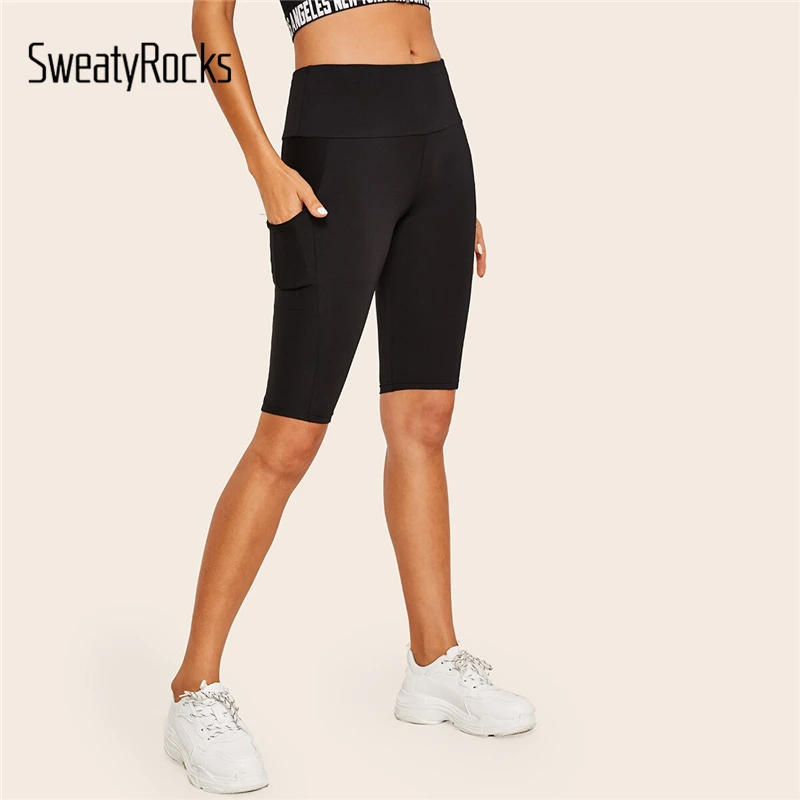 Однотонные байкерские шорты SweatyRocks, женская одежда для активного отдыха, обтягивающие черные шорты, женские шорты s, летние шорты для активного отдыха с карманами