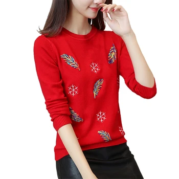 

2018 New Tops Fashion Female Girls Women's Sweater Solid Embroidery O-Neck Loose Knit Sweaters Flowers Warm Loose Pullovers P147
