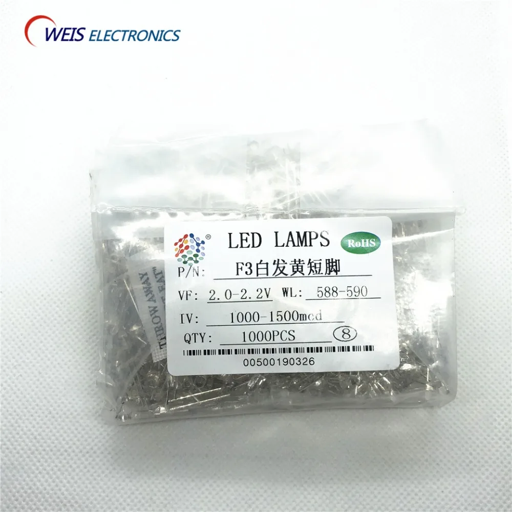 

1000PCS F3 3MM yellow DIP LED , water clear , short pins, round 588-590nm 2.0-2.2v 1000-1500mcd light beads lamps