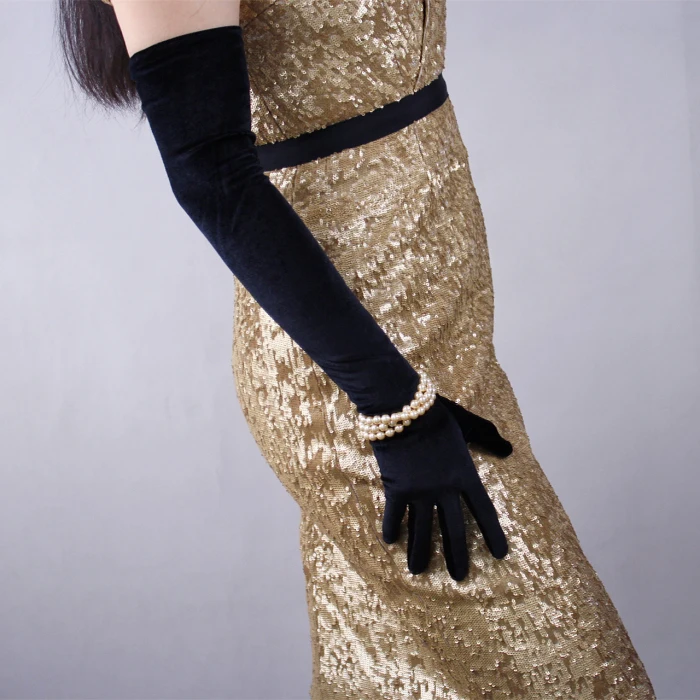 Черные бархатные женские перчатки длиной 60 см, Винтажные эластичные Вечерние перчатки, модные элегантные женские варежки TB20