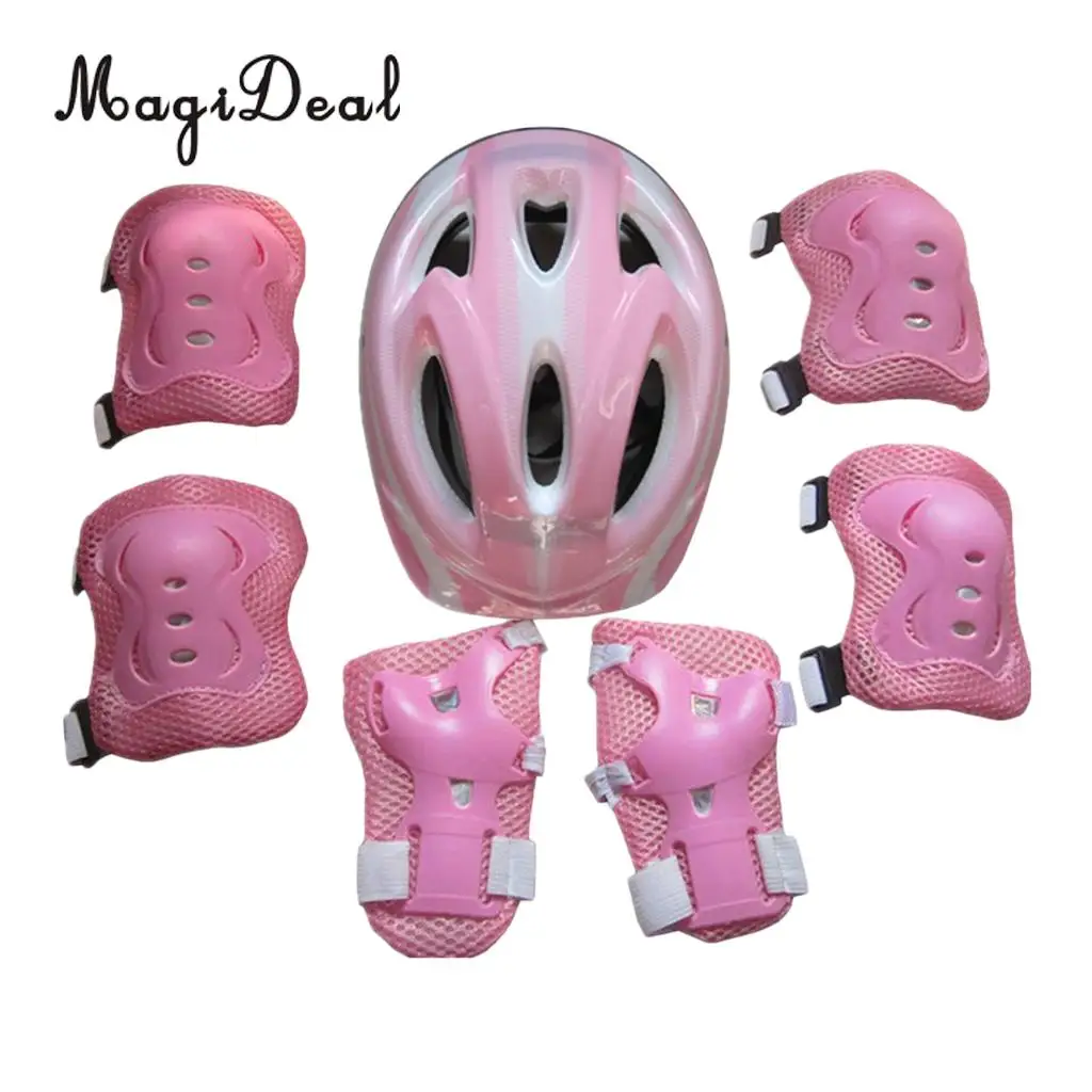 MagiDeal 7 шт. Детский защитный шлем для катания на роликах наколенники налокотники для запястья набор для велосипеда Велоспорт Скейтбординг защитное снаряжение - Цвет: Pink