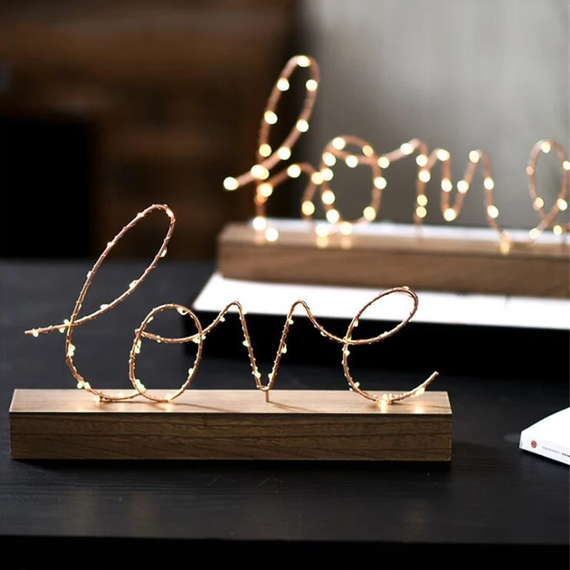

Nordic Wooden Base Iron Love Home Letter Night Light Home Decor Figurines Cozy Lighting Bedroom Desk Lamp Vogue Home Table Light