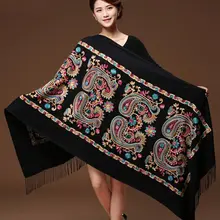 Женский черный кашемировый шарф Пашмина с вышитыми цветами, зимний теплый тонкий шарф с кистями, большой платок, модные шарфы