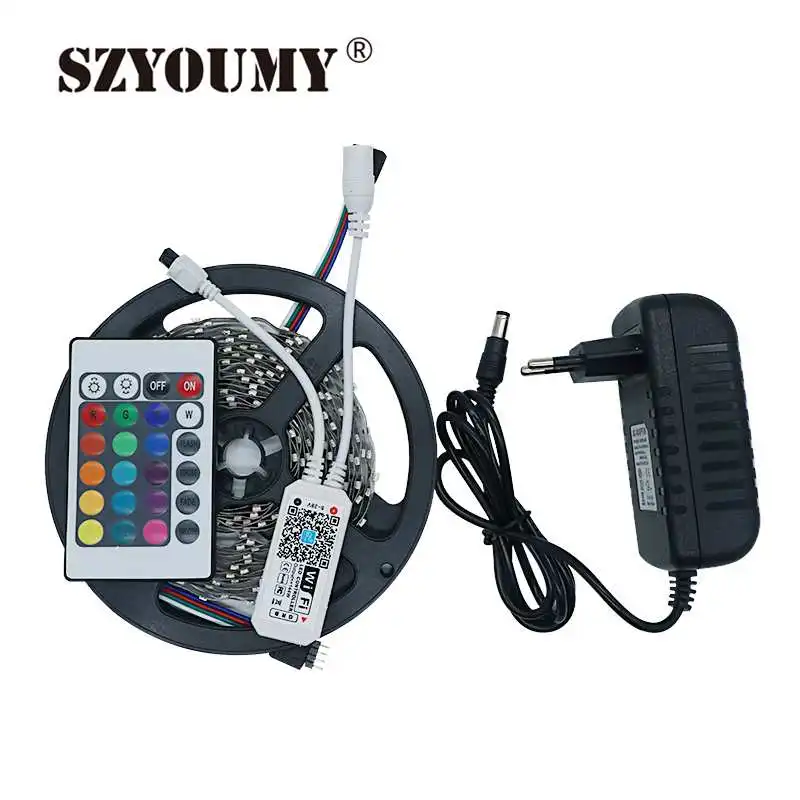 

SZYOUMY Wifi Controller 5050 RGB LED Strip Light Lamp 5M Non waterproof IP20 Neon Flexible Tape Diode Ribbon DC 12V Adapter Set