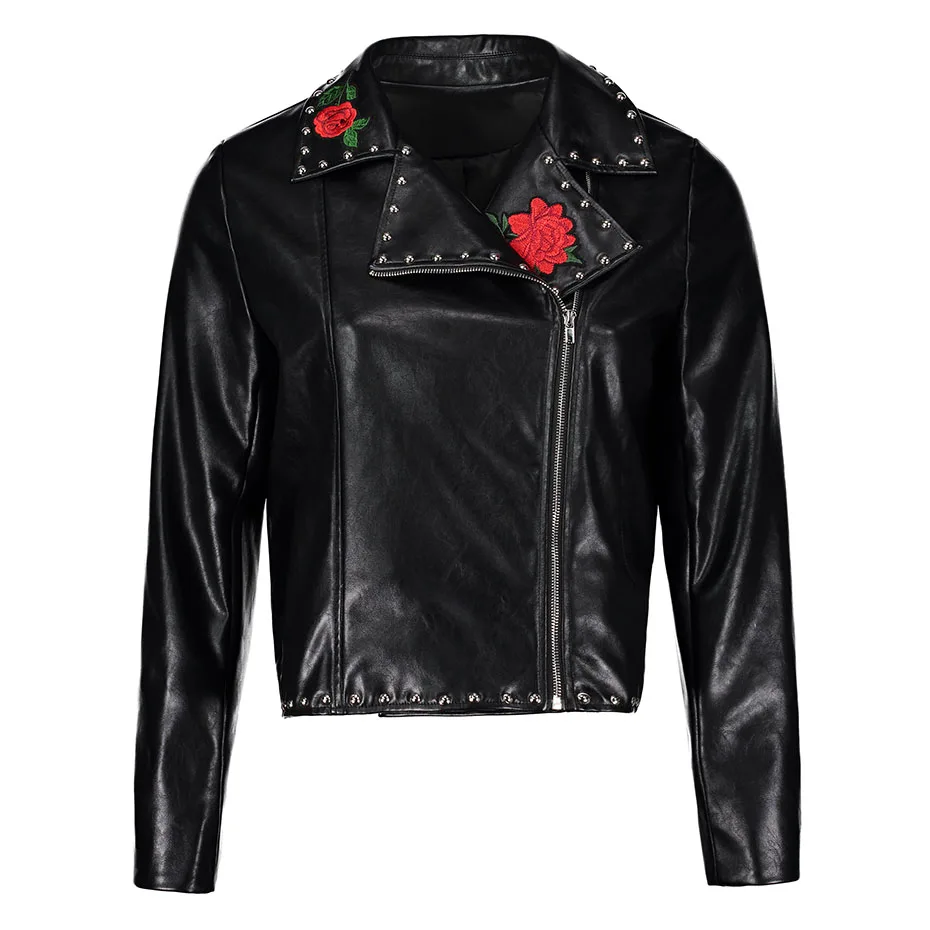 Plus Size Faux Leather Jackets Women Black Embroidery Rose Lapel Zipper