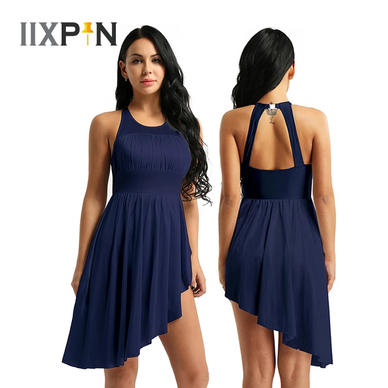 

IIXPIN Women Ballet Dance Halter Leotard Dance Dress Ruched Cutout Back with Clasp Irregular Hem Lyrical Modern Contemporary