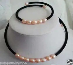 БЕСПЛАТНО SHIPPINGJewelry розовый жемчуг Черный Велюр Ожерелье браслет наборы