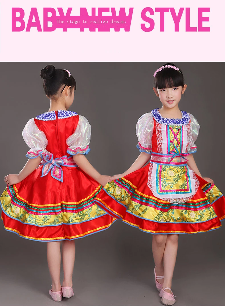 Русский Стиль для девочек красный Традиционный Международный день защиты детей сценического танца костюмы платья для детей милые летнее