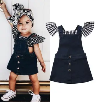 

1-6Y Toddler Kids Baby Girl Summer Clothes Fly Sleeve Plaid Crop Tops+Denim Dress Suspender Overall 2PCS Outfits Clothing Set