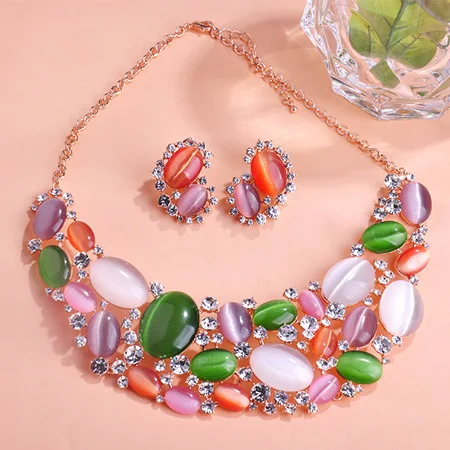 2015 New Arrival Luxurious Opals Oso Rhinestone Colar Necklace Earrings Joyas Jewelry Sets Brand Bijuteria Brincos