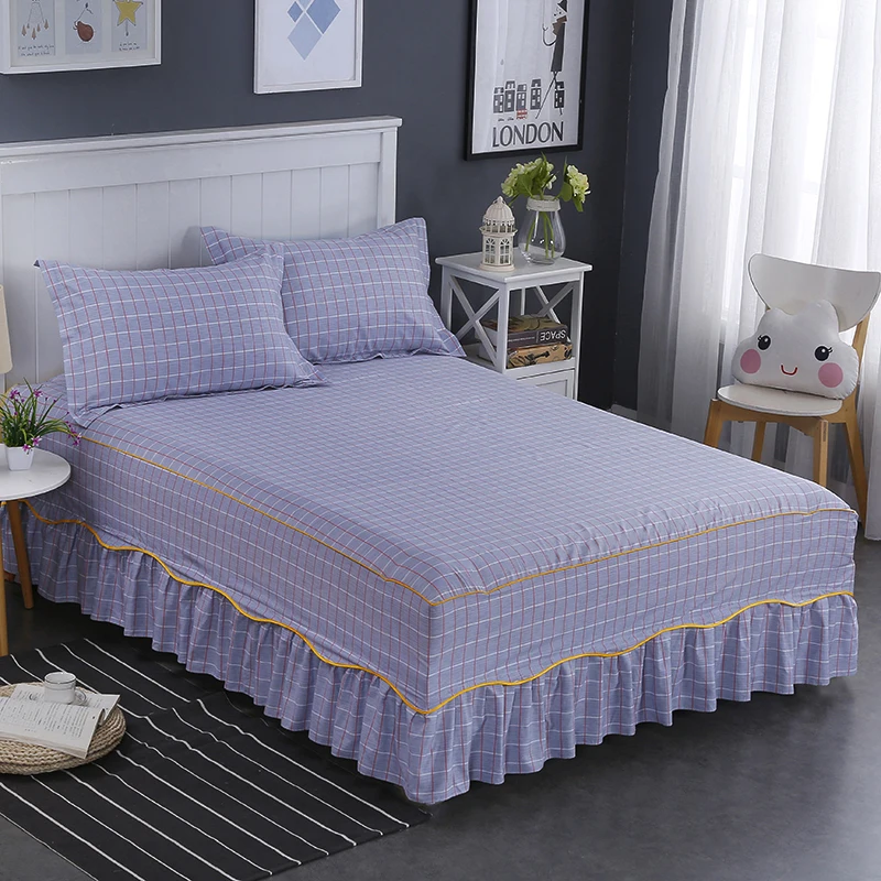 100 Cotton European Style Purple Lattice Pattern Bedding Bed Skirt Bed