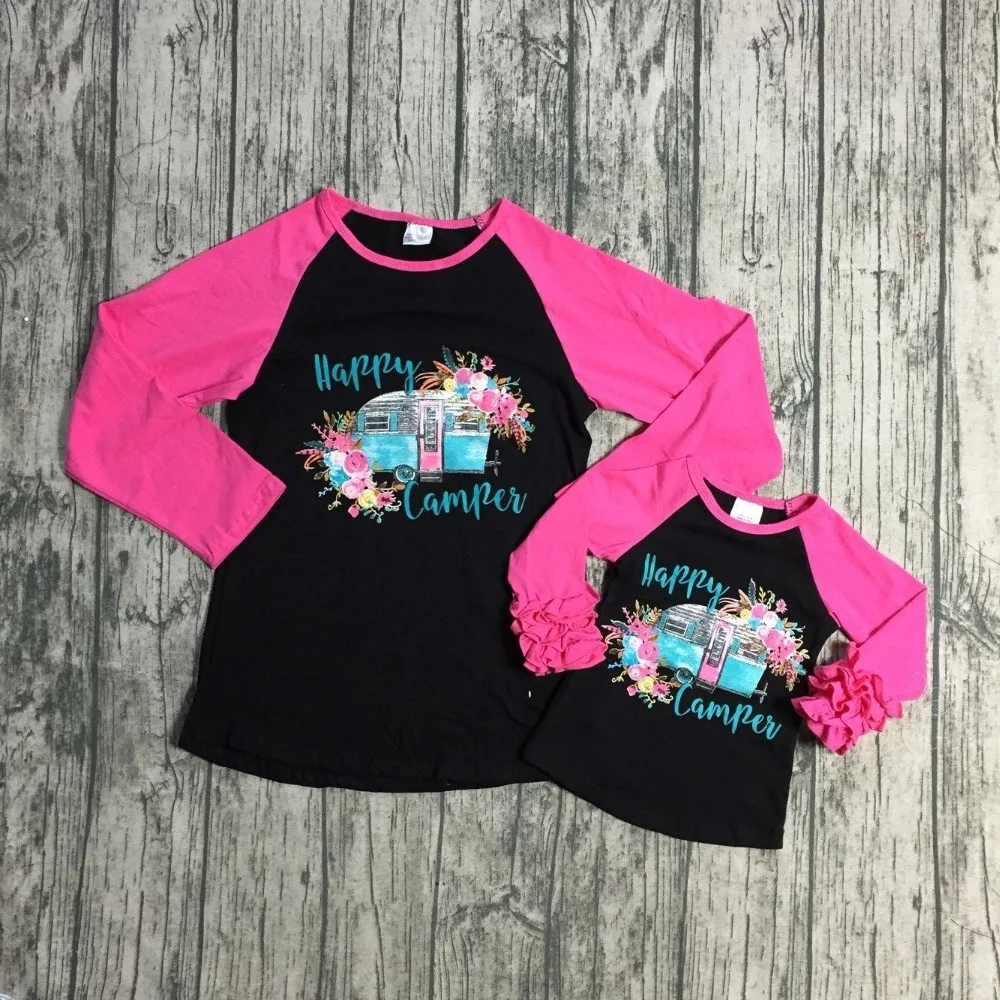 

children Fall/winter baby girls Mom and Me raglans Children girls happy camper floral top raglans clothing girls long sleeve