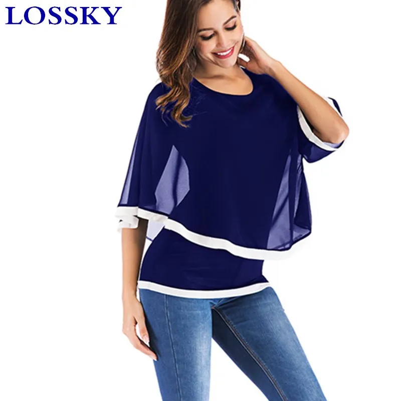 

Elegant Chiffon Patchwork Blouse Shirt Casual O Neck Bat Sleeve Women Irregular Summer Blouses Shirts Plus Size Tops Blouse 2019
