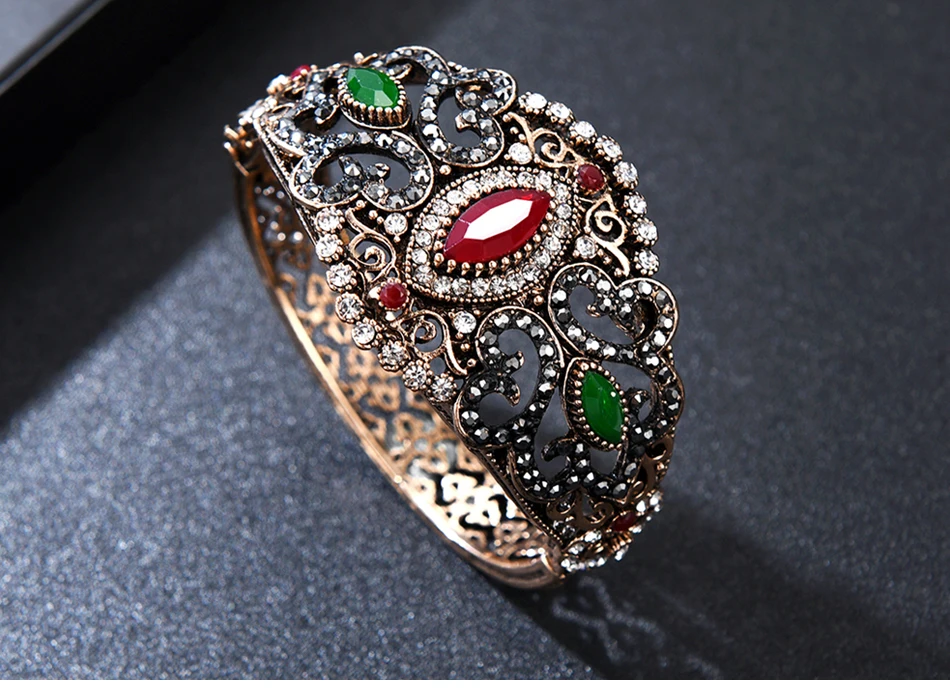 Турецкие ювелирные изделия широкий большой размер зеленый красный смоляные браслеты античный золотой цвет винтажный Ретро Браслет-манжета для женщин браслеты из кристаллов