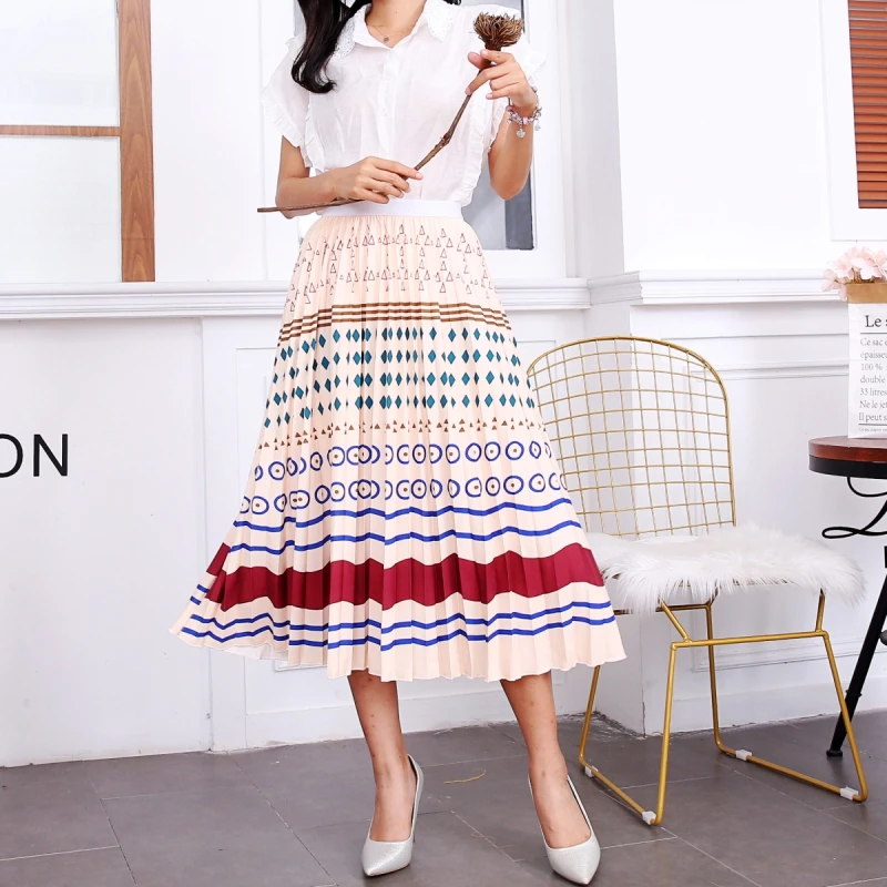 New Fashion Floral Print High Waist Elastic Streetwear Summer Skirts Women Pleated Mid-Calf Swing Party Skirt Indie Folk - Цвет: 1095-024