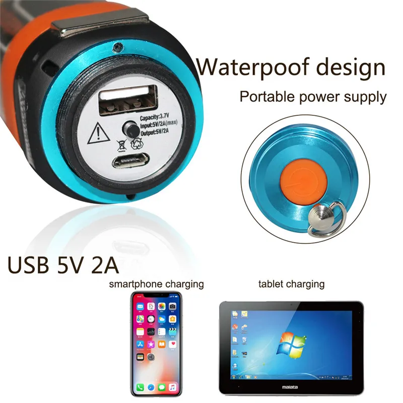 Comprar SXZM 3 W 5 W 7 W viaje USB portátil 7800mah banco de energía linterna IP68 6 modos LED carpa Camping senderismo linterna coche luz de advertencia