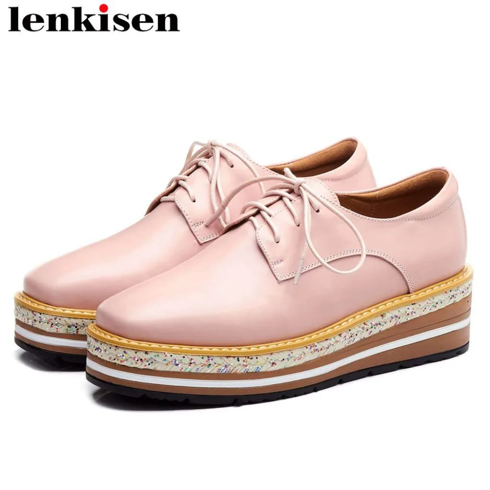

Lenkisen natural leather lace up wedges med bottom platform square toe European designer lace up women pumps casual shoes L1f1