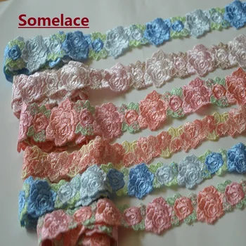 

2yds/Lot blue~pink series floral embroidery Trim with Design for Wedding Bridal and Garment Decoration18102001