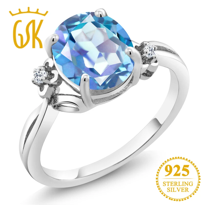 GemStoneKing 2.74 Ct Oval Natural Millennium Blue Mystic Quartz White Topaz 925 Sterling Silver Rings For Women Fine Jewelry | Украшения и