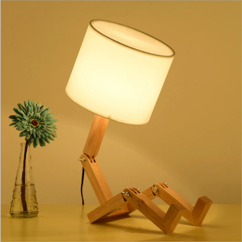 

New Eye Protection Table Lamp Robot Shape Night Light E27 Solid Wood Bedside Lamp Simple Creative Living Room Study Reading Lamp