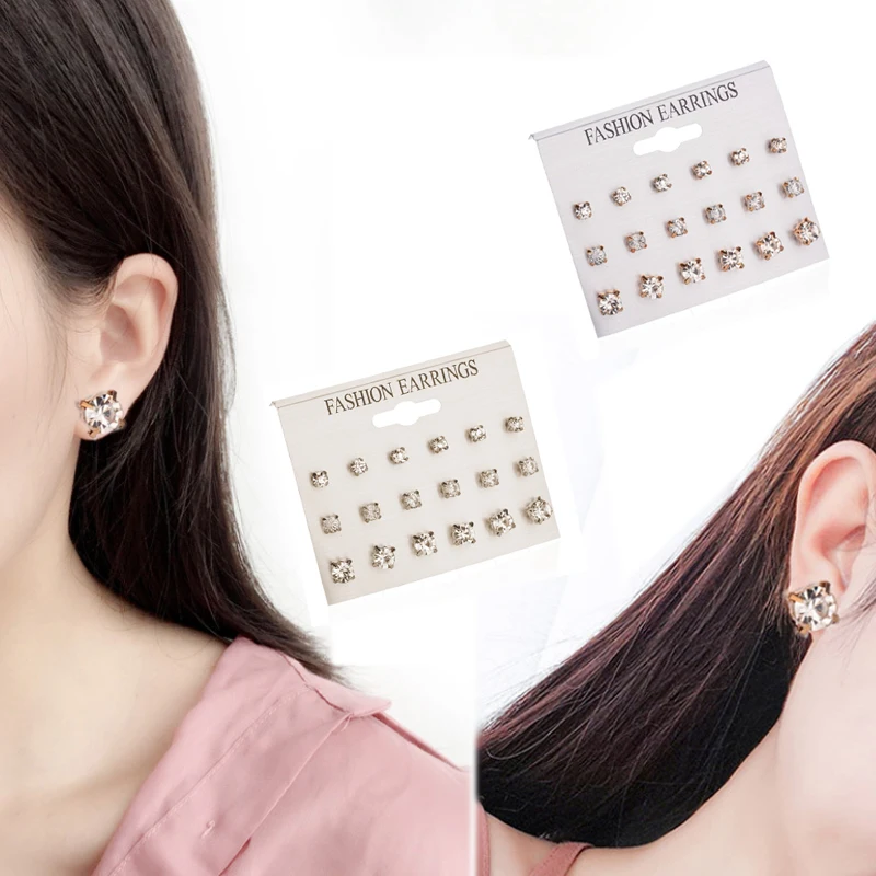 

Sale 9 Pairs/Set Women Girls Square Rhinestone Stud Earring Unique Graceful Golden Silvery Jewelry Gifts