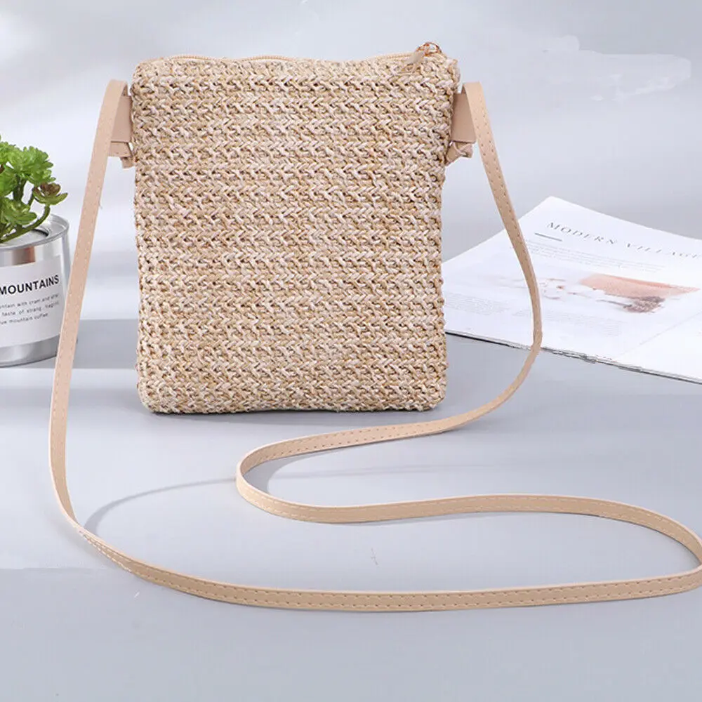 New Women's Fashion Straw Plait Zipper Small Messenger Envelope Bags Girls Elegant Knitting Pattern Shoulder Handbag