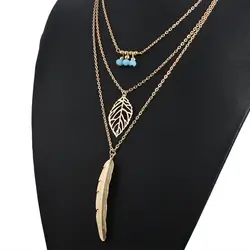 Женское Ожерелье простой металлический лист многослойный ручной работы рисовые бусины из бисера перо подвесное ожерелье