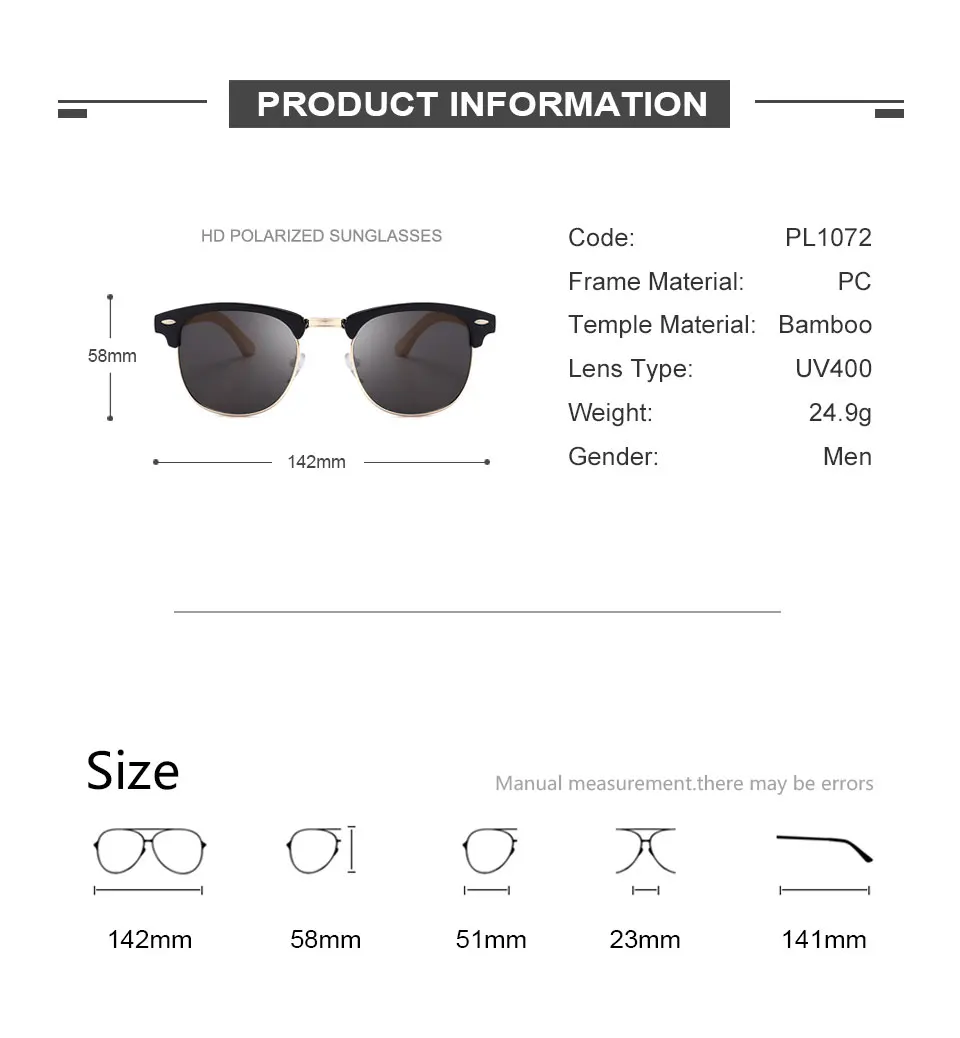 Бамбуковые солнцезащитные очки винтажные деревянные ножки солнцезащитные очки для мужчин половинчатая металлическая рама модный тренд UV400 очки Gafas De Sol PL1072