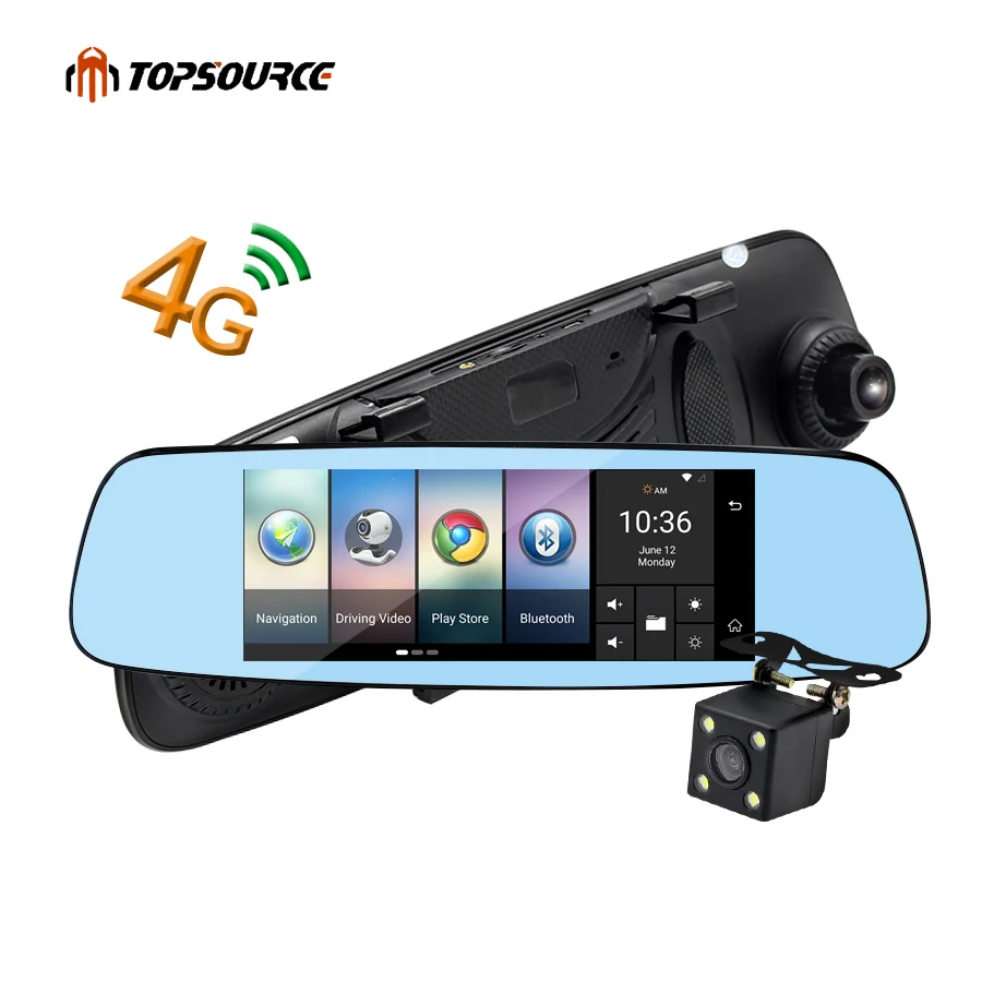 TOPSOURCE 7" 4G Car Mirror Camera DVR GPS Bluetooth Dual Lens Rearview