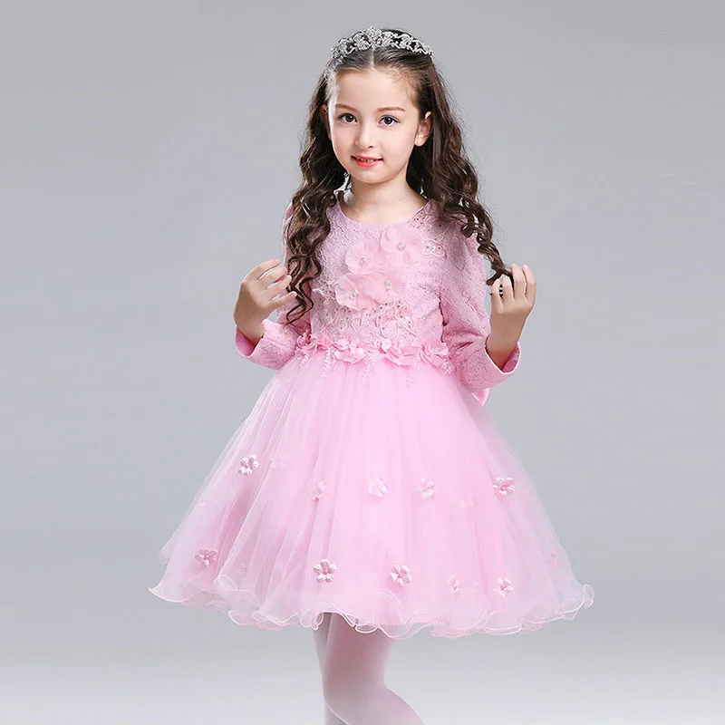 Pink and White Princess Lace Flower Girls Dress With Long