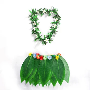 

New Arrival Hawaiian Wreath Plant Grass Skirt Tropical Artificial Leaf Flower Hula Skirt With Hawaiian Lei