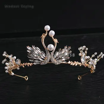 

Elegant Gold Crystal Wedding Tiaras 2018 with Pearls Head Crowns Bridal Hair Jewelry Wedding Accessories Ballet Swan Headpiece