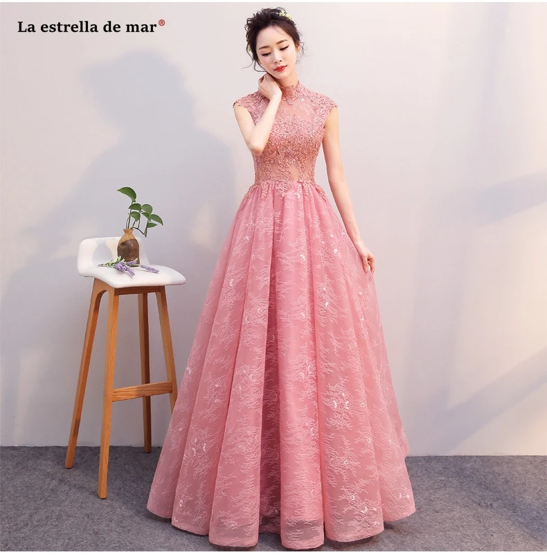 Vestido madrinha new lace high neck cap sleeves open A Line blush pink bridesmaid dress long robe demoiselle honneur plus size