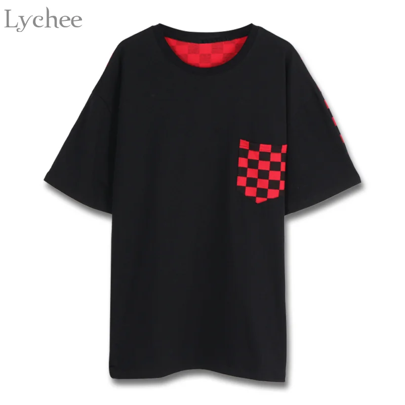 

Lychee Punk Summer Women T Shirt Plaid Patchwork Pocket Causal Loose Short Sleeve T Shirt Tee Top Streetwear Tops Female