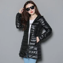 Плюс размер 5XL женский тонкий пуховик с капюшоном Женский Теплый пуховик женский ультра легкий 90% белый пуховик RE0789