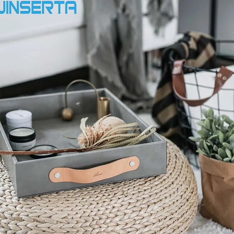 

JINSERTA PU Leather Storage Tray Jewelry Display Plate Cosmetic Organizer with Genuine Leather Handle Desktop Sundries Decor