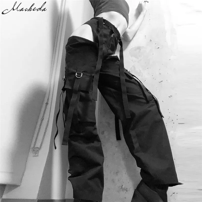 

Macheda Black High Waist Hollow Up Zipper Trousers Fashion Loose Pockets Pants Ladies Streetwear Casual Harem Pants Bottom New