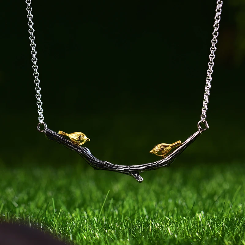 Lotus Fun Solid 925 Sterling Silver Pendants Necklaces for Women Double Lover Birds on Branch statement necklace wedding Jewelry