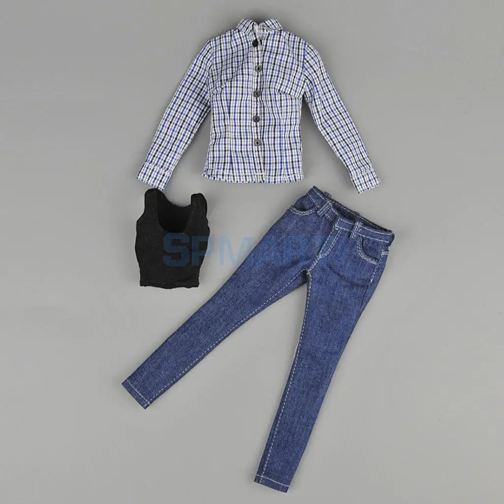 1/6 Scale Female Blue Lattices Shirt &Jeans Women Clothes for 12