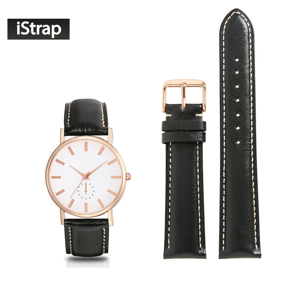 

iStrap Watchband 18mm 19mm 20mm 21mm 22mm Genuine Leather Black Strap With Beige Stitch Rose Gold Pin Buckle For Men Women Watch
