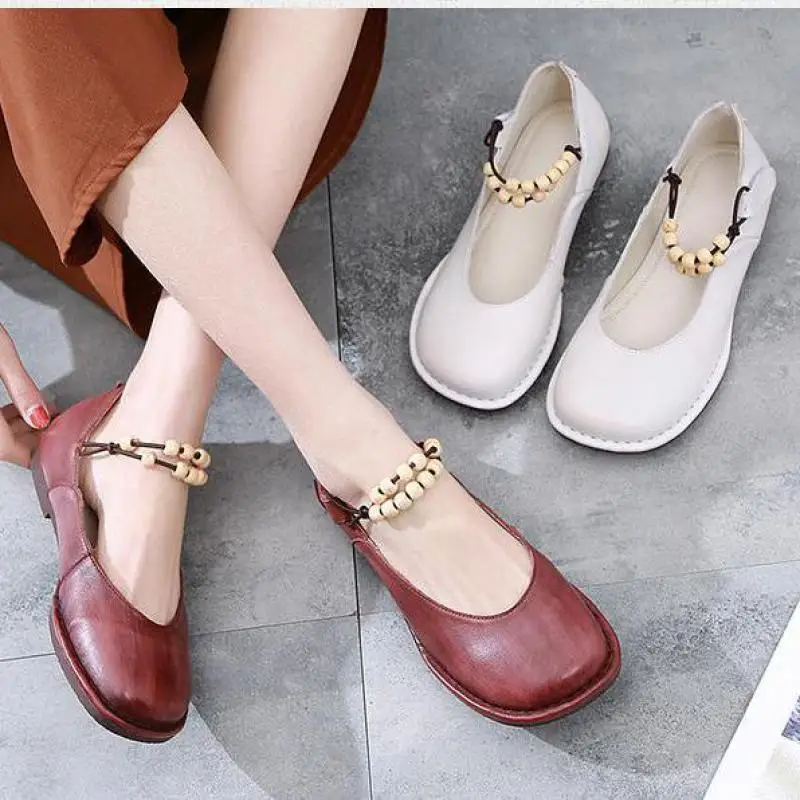 

Women Leather Flats Ankle Strap Wine Red Spring Shoes Women Low Heels Retro 2019 Handmade Genuine Leather Women Flats Brand Shoe