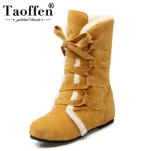 Taoffen размер 30-52; Россия Для женщин круглый носок; визуально увеличивающие рост ботинки до середины икры женская обувь с поперечным Ремешком Обувь на теплом меху зимние шлепанцы обувь