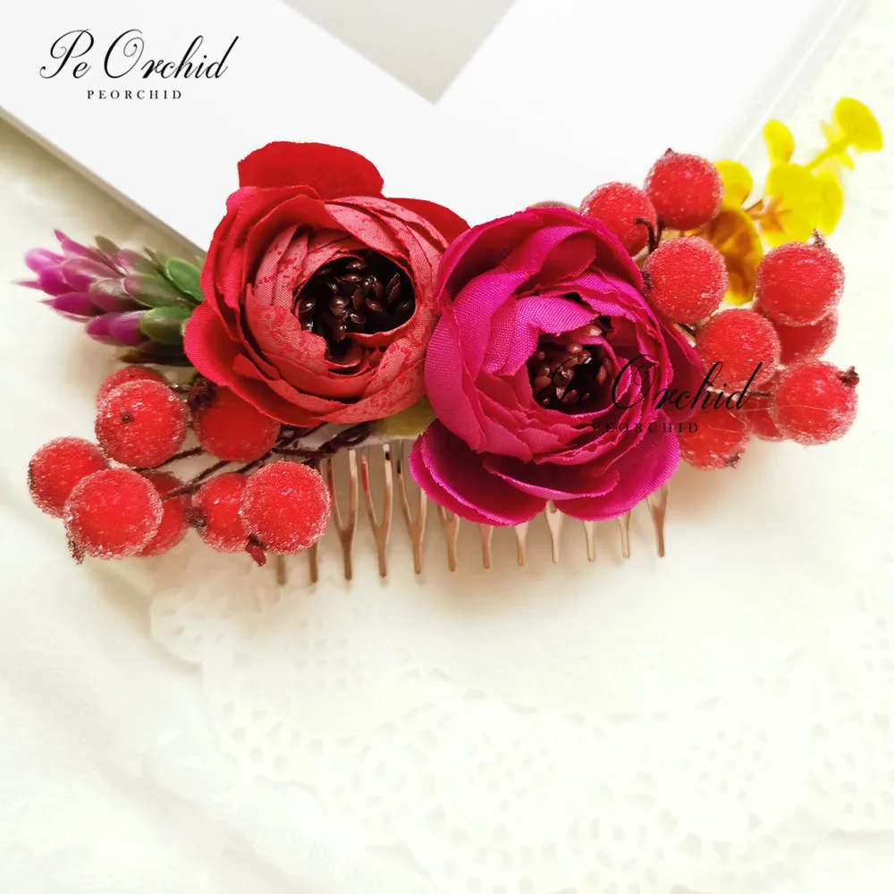 

PEORCHID Simulation Flower Wedding Hair Comb Jewelry Red European Prom Headpiece Hair Clips Accessories Floral Bridal Headwear