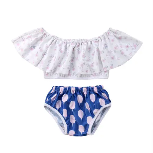 

2018 Fashion Toddler Baby Girl Clothes Cotton Kids 2Pcs Set Jumpsuit Floral Off-shoulder Tops + Briefs Shorts 2-7Y