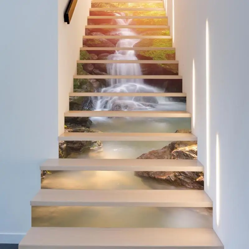 13pcs Waterfall Landscape Stairway Stickers Stairs Floor 13pcs Waterfall Landscape Stairway Stickers Stairs Floor Wall Decor Decals For Kitchen Living Room In From Home Garden