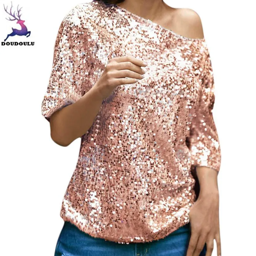 

DOUDOULU Womens Sequins Sparkle Half Sleeve Oblique Casual Party Top Sweatshirts Blouse female Sweatshirts Moletom Feminino#WM