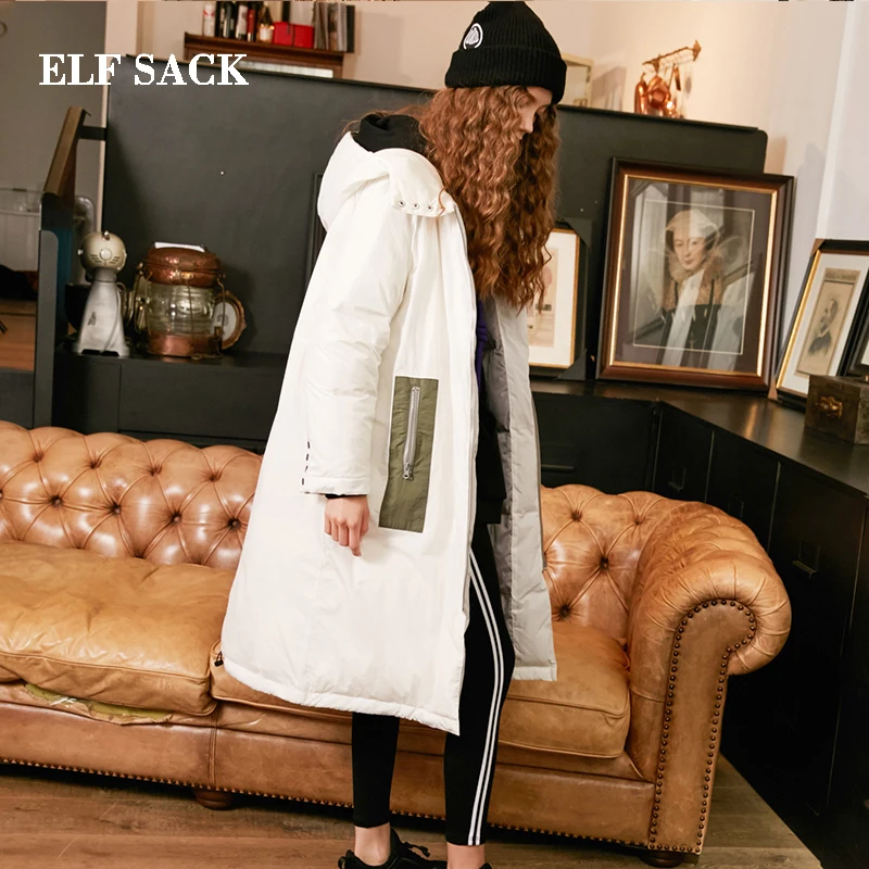 ELF SACK New Winter Woman Coat 90% White Duck Down Casual Solid Long Warm Women Warm Jackets Coat Outwear Streetwear Female Coat
