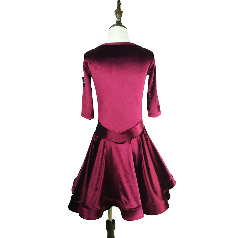 Латинское танцевальное платье для девочек красное вино бархатное с короткими рукавами сальса танцевальные платья Одежда для танго для выступлений практичные одежда DN1346