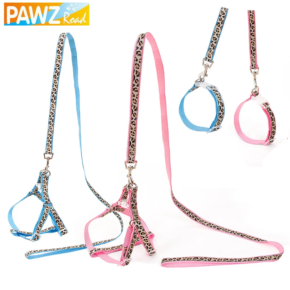 

PAWZRoad Pet Leads Rope Leopard Dog Collar Harness Sets Pet Leash Dog Adjustable Safety Walking Outing Rope Puppy Dog Products