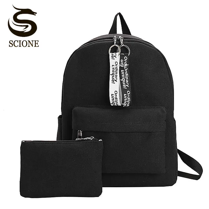 Scione White and Black Double Zipper Backpack Solid Color Backpacks Schoolbag for Teenagers ...